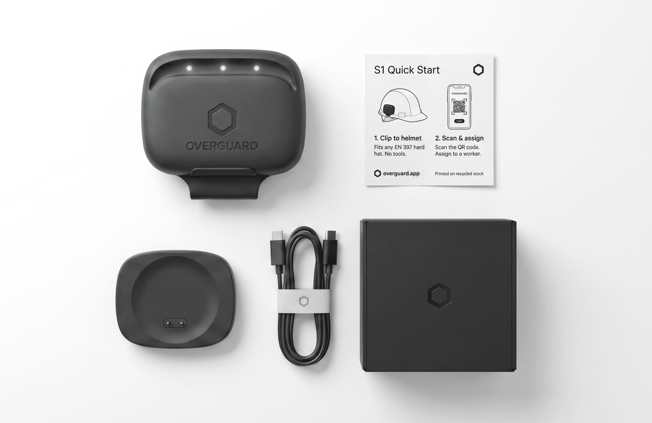 Overguard S1 deployment kit: pod, magnetic charging dock, USB-C cable, and quick-start card