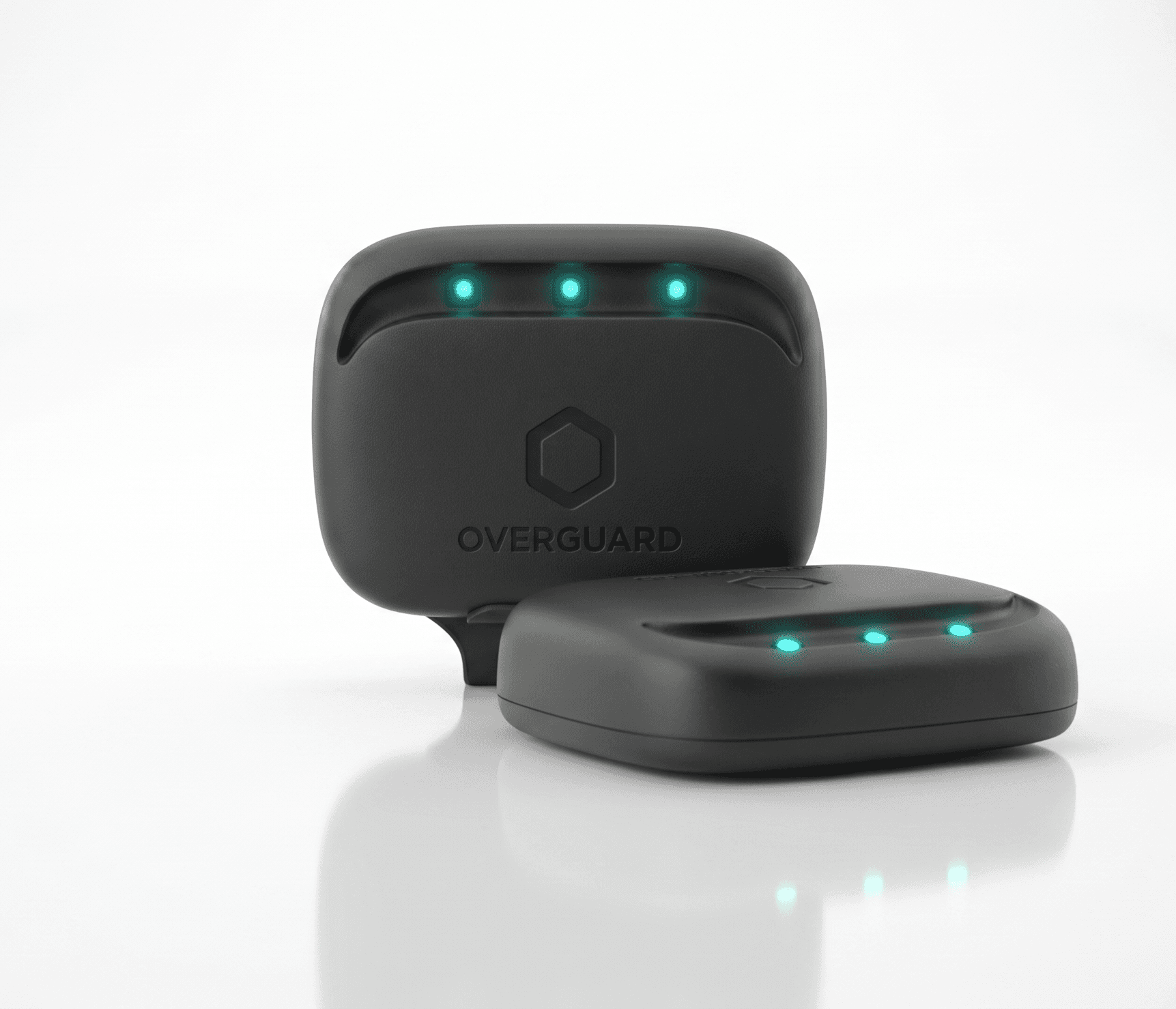 Two Overguard S1 pods: front face with LED strip and rear helmet clip