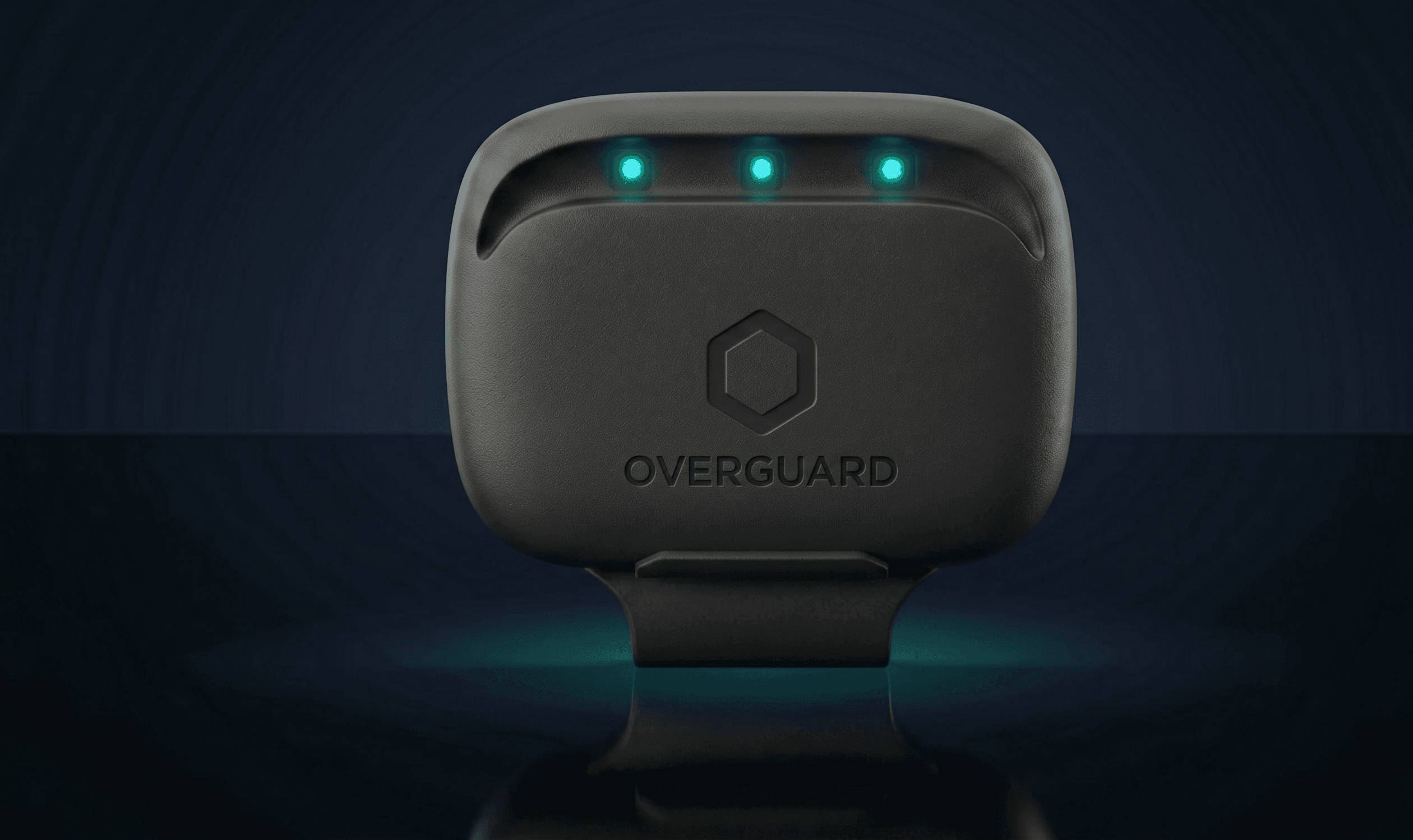 Overguard S1 sensor pod: sealed housing with three status LEDs and debossed Overguard mark